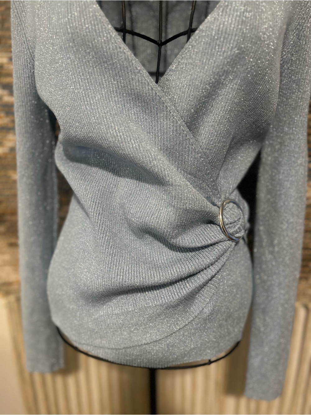 INC Shimmery Light Blue Wrap Sweater with Side Ring - Picture 3 of 10